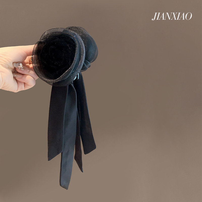 氛围感女神马尾抓夹缎面飘带气质公主风发夹半扎发发抓花朵发饰女