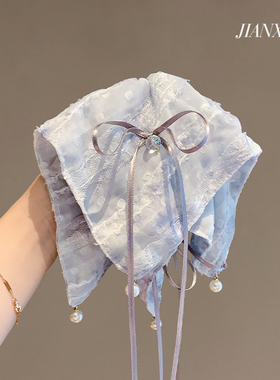 高级感浅蓝色飘带个性方巾蝴蝶结马尾发夹时尚气质后脑勺发抓头饰