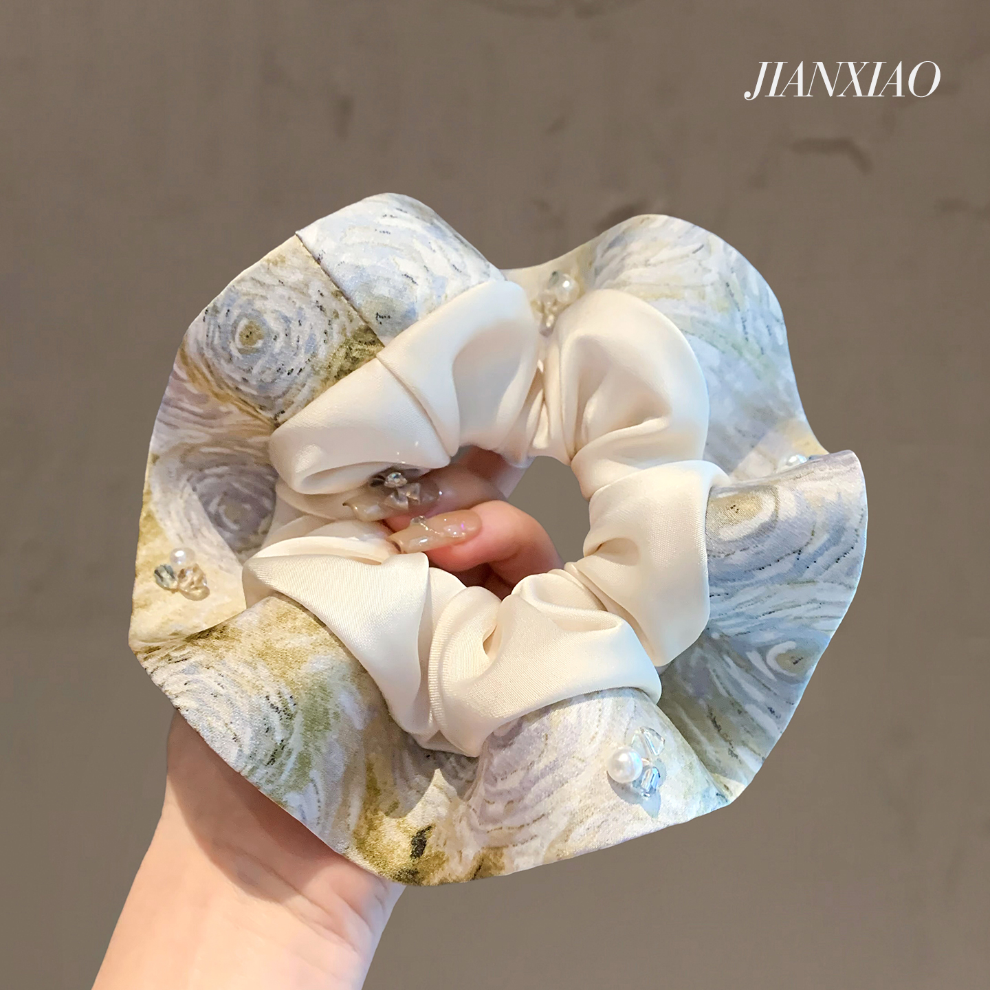 法式复古油画风珍珠印花大肠发圈高级感弹力头绳网红新款耐用发绳