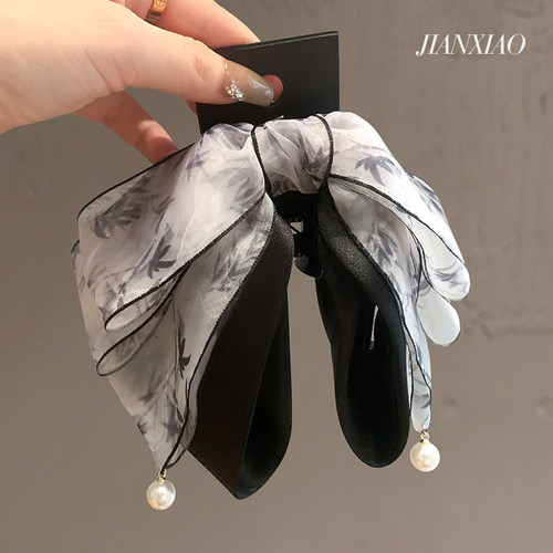 新中式竹叶晕染雪纱马尾发夹珍珠蝴蝶结抓夹复古国风后脑勺鲨鱼夹