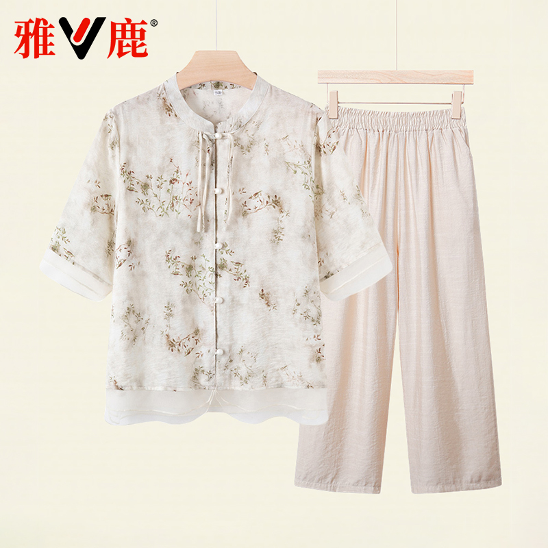 雅鹿新中式国风夏装中年妈妈2025新款上衣裤子洋气高贵衬衫套装女