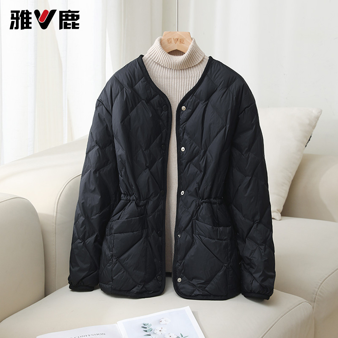 轻薄无领收腰羽绒服单排扣
