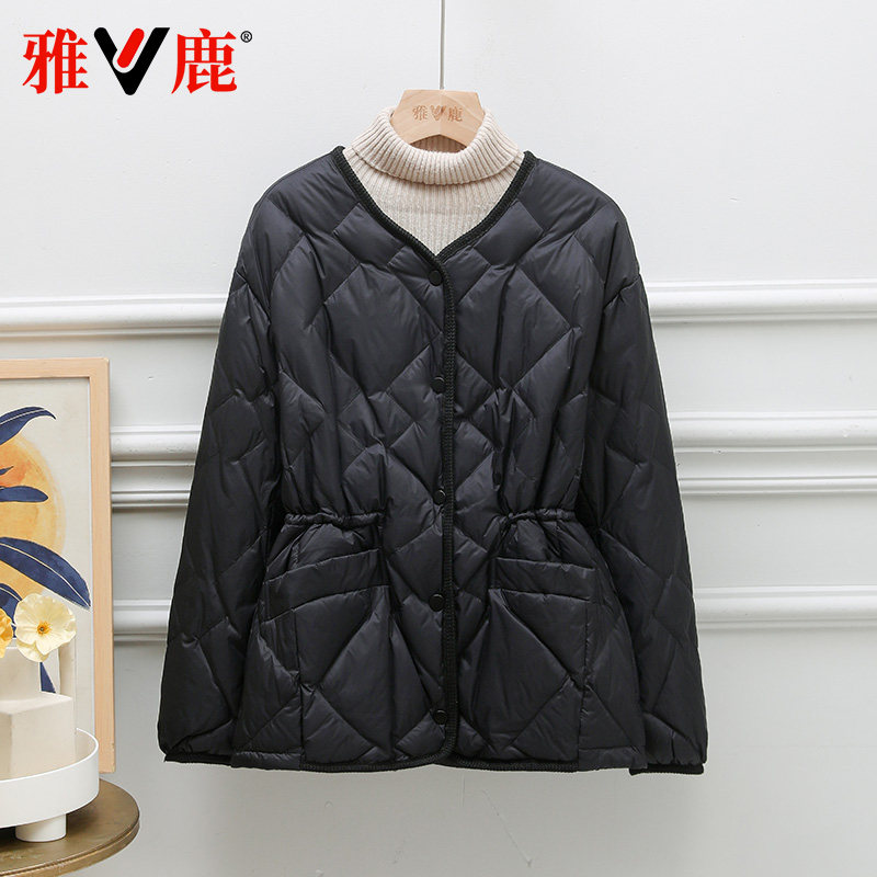 轻薄无领收腰羽绒服单排扣