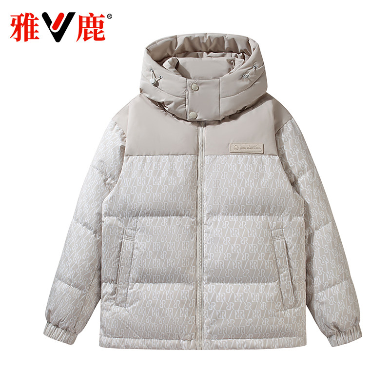 雅鹿2025秋冬季新款羽绒服男短款脱卸帽印花拼接面包服保暖外套女