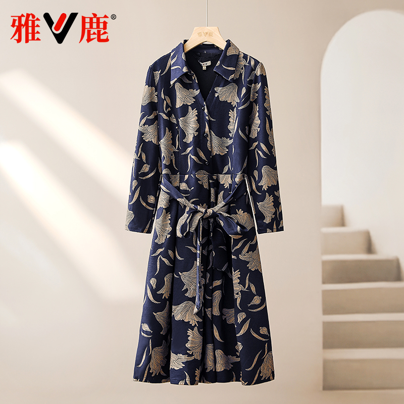 雅鹿2025新款连衣裙妈妈气质长袖翻领春夏装洋气中老年女收腰裙子