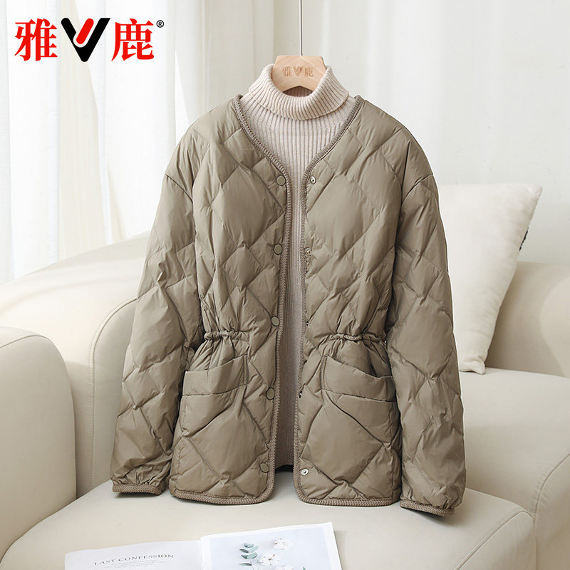 轻薄无领收腰羽绒服单排扣