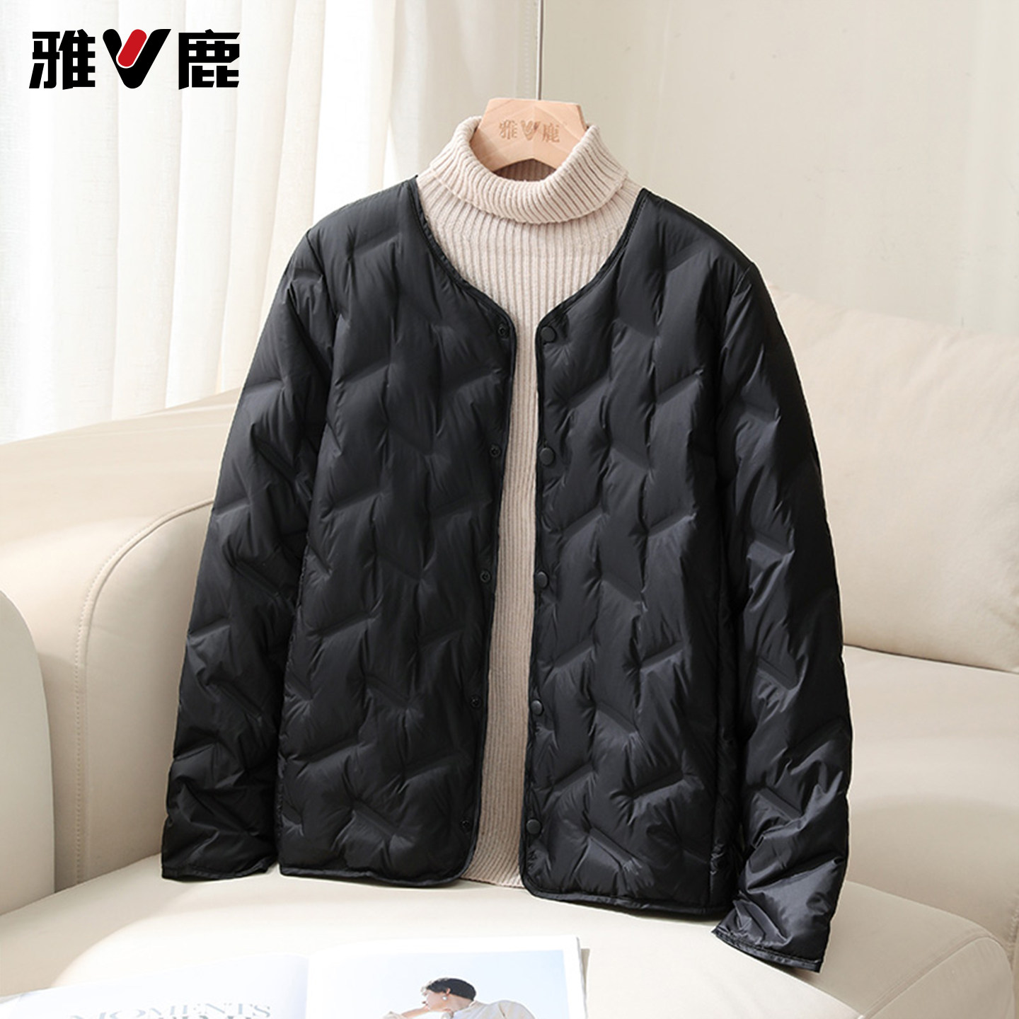 雅鹿无领设计轻薄羽绒服单排扣