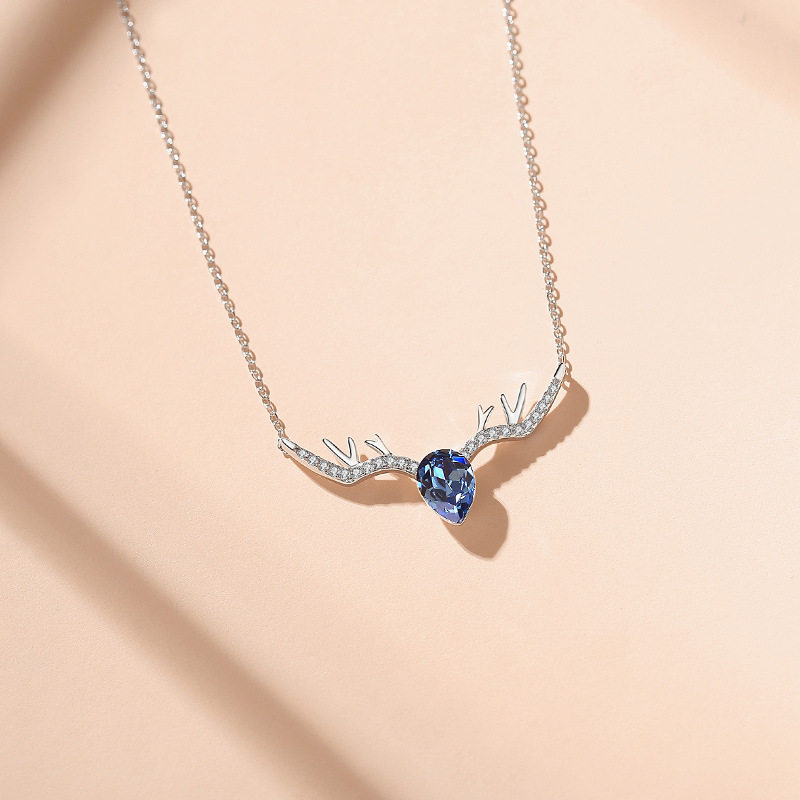 配饰品项链女友锁骨链礼物送吊坠女纯银洛水晶一路鹿简约有你施华