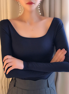 黑色莫代尔打底衫女内搭2022春秋冬新款洋气低u领长袖t恤紧身上衣