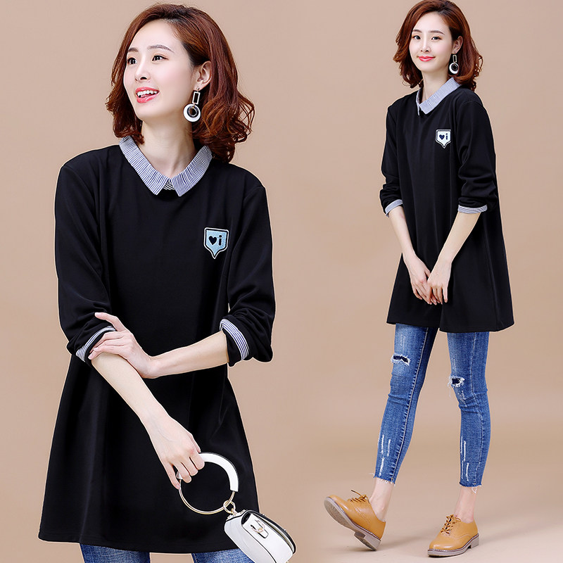 加肥加大码长袖polo衫薄款秋装胖mm中长款显瘦宽松t恤女200斤上衣