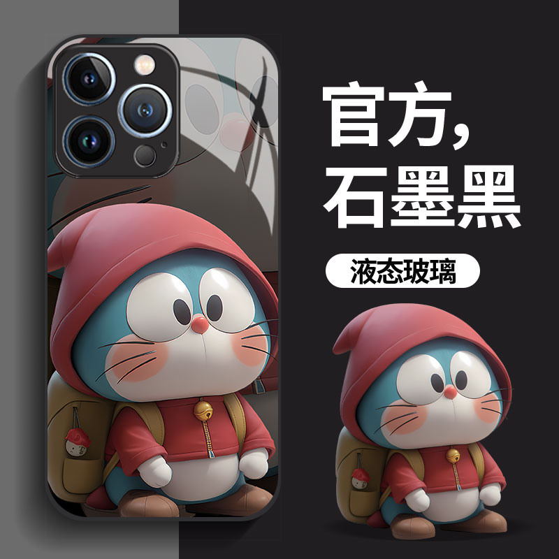 适用于苹果15promax手机壳新款卡通叮当猫iPhone16pro高级感镜头全包防摔14网红高档可爱玻璃13创意情侣男女
