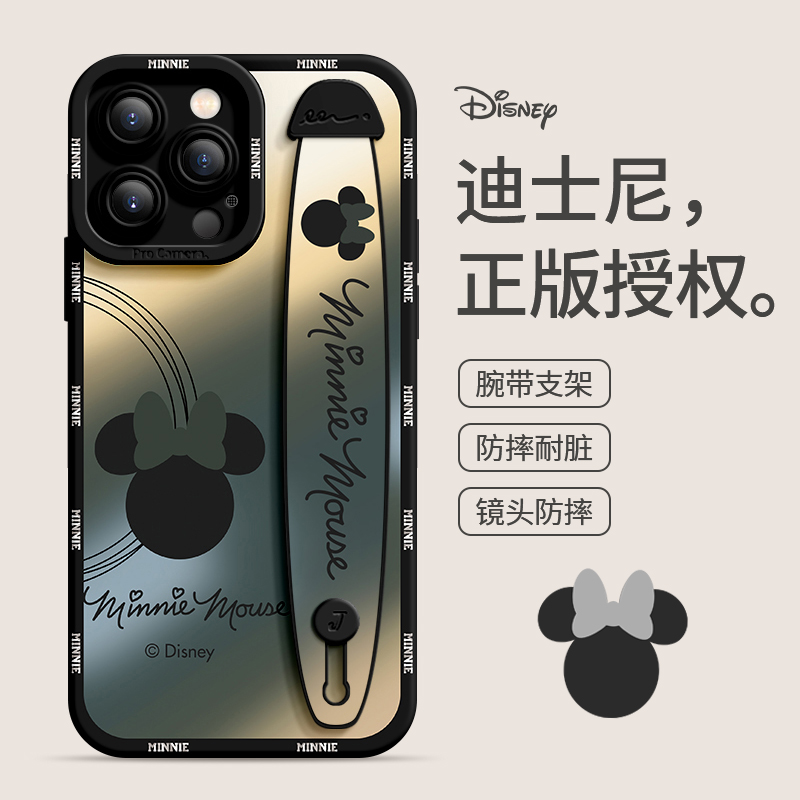 适用苹果16promax手机壳新款卡通腕带米奇iPhone15Pro镜头全包防摔14PRO高级感网红女超薄硅胶13创意潮牌情侣