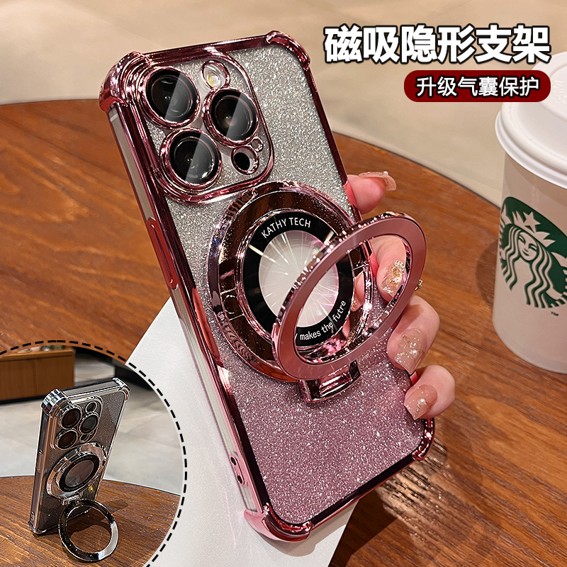 适用苹果16promax手机壳新款闪粉气囊防摔iPhone15pro高级感自带镜头膜磁吸支架13网红高档轻奢女13潮牌情侣