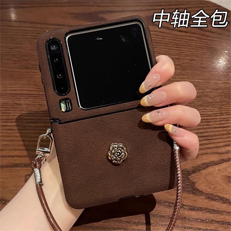 适用华为purax手机壳新款中轴全包Pura X典藏版折叠屏保护套高级感轻奢月坑纹山茶花斜挎挂绳purax防摔外壳女