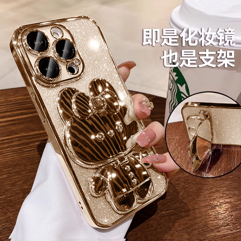 适用于苹果16promax手机壳新款隐形补妆镜支架iphone15pro带镜头膜渐变闪粉14plus高级感全包防摔卡通情侣女