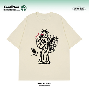 风 潮牌情侣款 微醺自由女神 设计感休闲短袖 上衣男女 夏季 美式