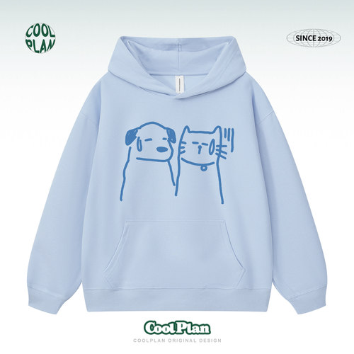 【无语猫狗】美式手绘卡通猫狗印花男女重磅嘻哈情侣上衣连帽卫衣