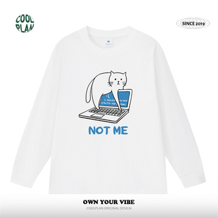 重磅纯棉长袖 not 新款 美式 t恤男女设计感猫猫圆领百搭上衣 me秋季