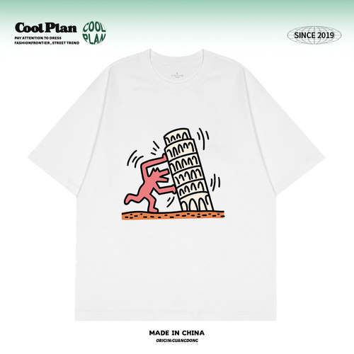 比萨斜塔抽象风格美式复古潮牌印花男女慵懒上衣t恤短袖夏