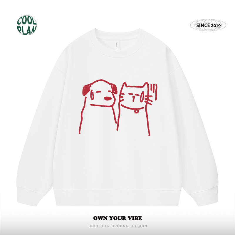 【有被无语到】创意手绘涂鸦卡通猫狗嘻哈情侣上衣厚圆领卫衣男女