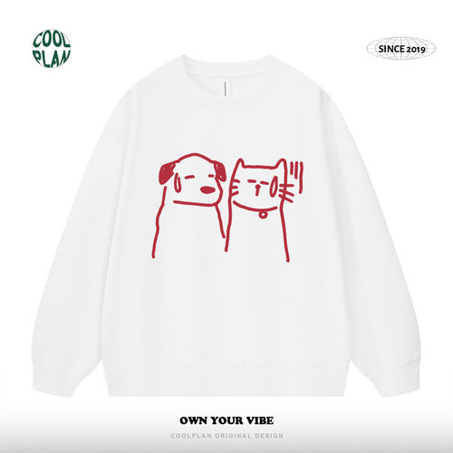 【有被无语到】创意手绘涂鸦卡通猫狗嘻哈情侣上衣厚圆领卫衣男女