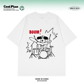 美式 手绘摇滚小狗架子鼓涂鸦印花圆领短袖 慵懒休闲宽松上衣男女