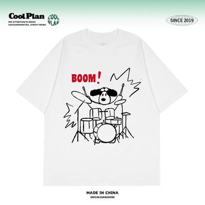 美式手绘摇滚小狗架子鼓涂鸦印花圆领短袖慵懒休闲宽松上衣男女