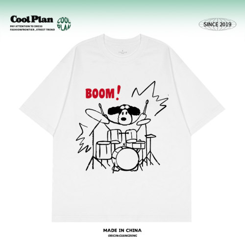 美式手绘摇滚小狗架子鼓涂鸦印花圆领短袖慵懒休闲宽松上衣男女