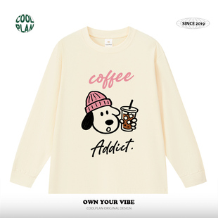 秋冬T恤纯棉上衣潮牌男女同款 美式 打底衫 长袖 ins 复古咖啡狗冰美式