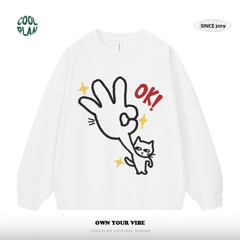 万事皆OK猫咪手绘美式趣味圆领卫衣秋冬上衣厚款百搭宽松情侣休闲