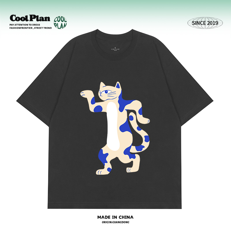 CoolPlan美式重磅纯棉复古抽象猫搞怪艺术绘画别致短袖t恤男女