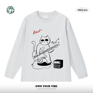 贝斯猫摇滚乐队ROCK美式 长袖 春秋新款 宽松T恤 手绘涂鸦潮牌打底衫
