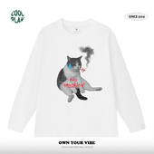 smoking猫圆领宽松男女潮牌小众T恤长袖 美式 趣味不要吸烟no 春秋
