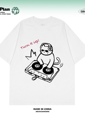 「摇滚打碟猫」美式创意手绘涂鸦小众无性别宽松短袖小众男女T恤