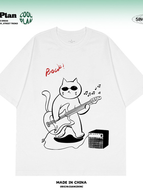 原创摇滚贝斯rock猫咪美式手绘涂鸦圆领短袖慵懒休闲宽松上衣男女