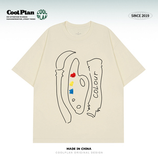 情侣款 T恤男女 手绘原创设计师调色盘短袖 COOLPLAN春夏上衣美式