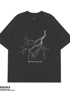原创美式雷电字母印花短袖t恤男女潮牌高街头嘻哈宽松休闲半袖