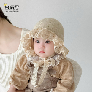 婴儿帽子秋冬女宝宝护耳帽蕾丝花边公主帽针织毛线女童套头帽可爱