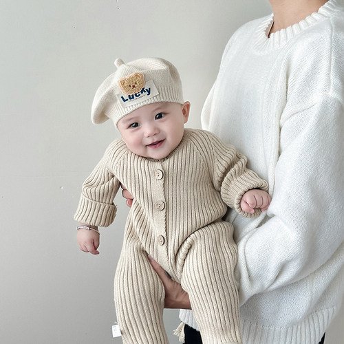 婴儿贝雷帽宝宝帽子秋冬季小月龄可爱男女儿童针织毛线帽小熊超萌