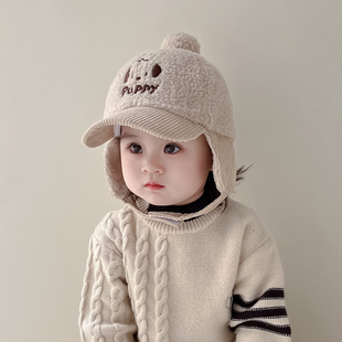 宝宝帽子秋冬季保暖鸭舌帽毛绒女童拼接雷锋帽男童护耳儿童棒球帽