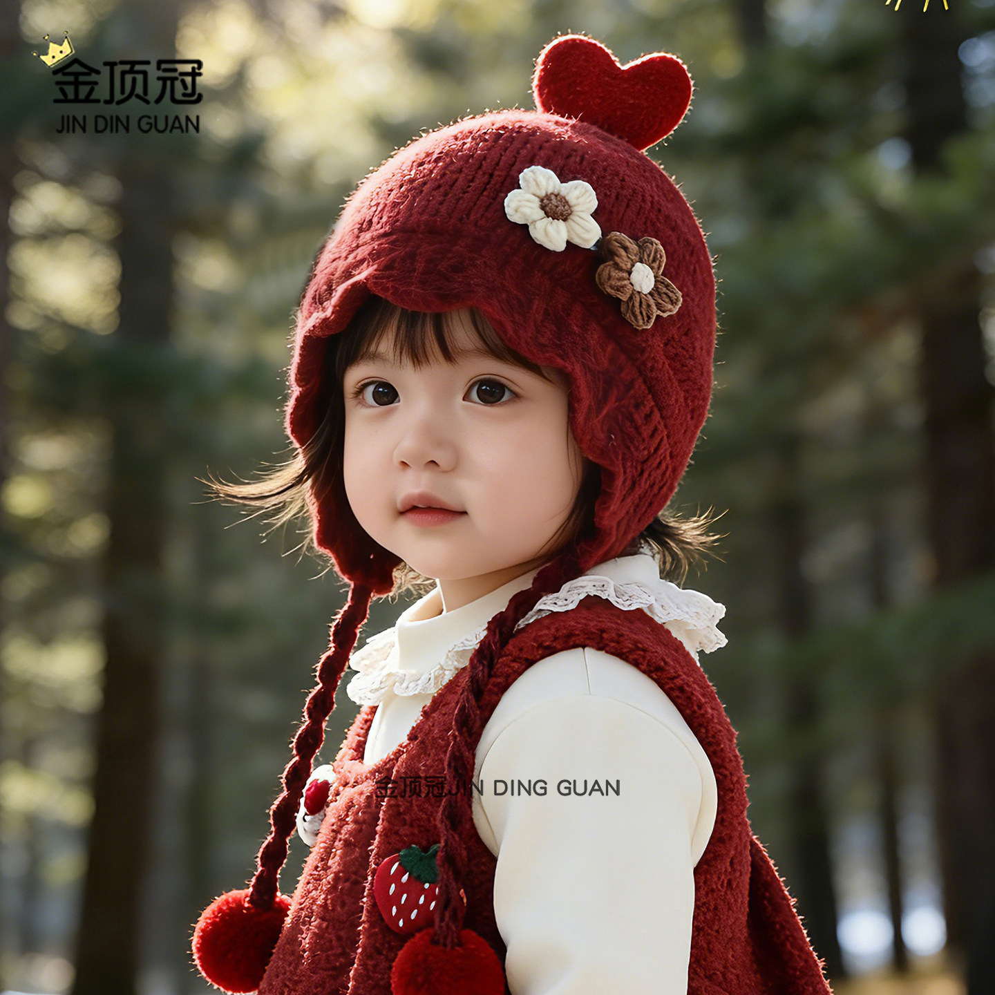 婴儿帽子冬季韩版红色加厚护耳帽小公主女孩女宝宝新年保暖毛线帽