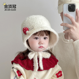 儿童帽子秋冬季 针织公主帽大檐女童外出防风女宝宝遮阳渔夫帽 韩版