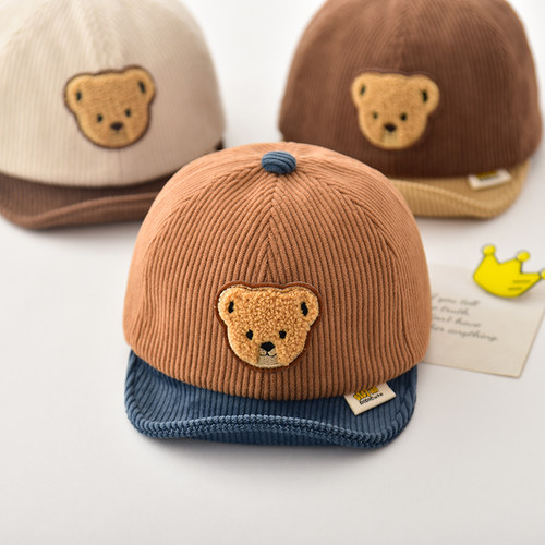 金顶冠灯芯绒保暖小熊可爱鸭舌帽