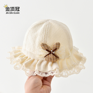 婴儿帽子春秋新款 蕾丝边公主渔夫帽女宝宝遮阳防晒小月龄盆帽可爱