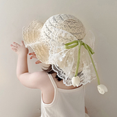 夏季 女童草帽儿童遮阳防晒帽子蕾丝蝴蝶结女宝宝沙滩小女孩太阳帽