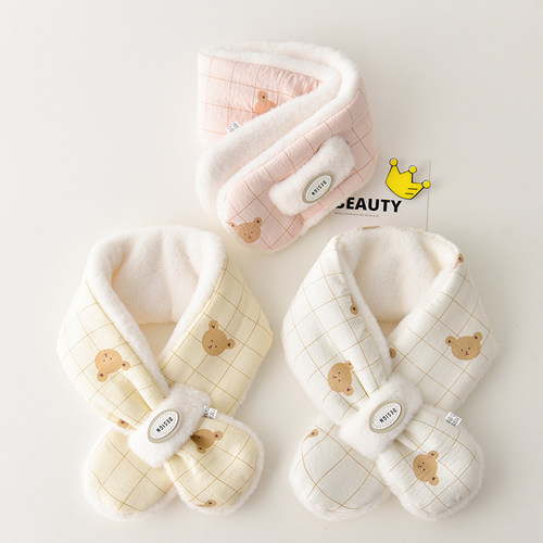 儿童围巾秋冬季宝宝纯棉围脖保暖加厚防风男女童脖套小熊交叉围巾