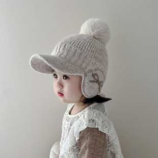儿童鸭舌帽毛线帽男女童护耳针织帽韩版保暖棒球帽加厚防风套头潮