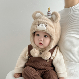 婴儿帽子秋冬季宝宝毛绒帽护耳毛线帽男童针织帽儿童冬季加厚外出