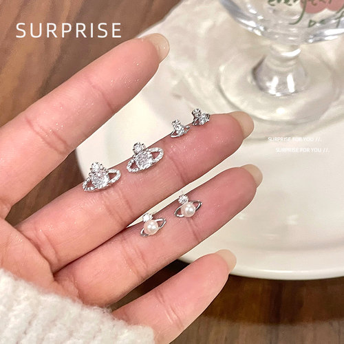 Surprise 999纯银针爆闪土星耳钉女小众设计感新款耳骨钉独特耳环