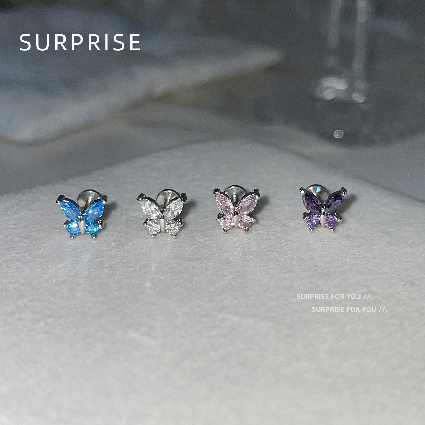 Surprise 杆粗1.2彩钻蝴蝶F136植入级钛合金耳钉女免摘耳蜗耳骨钉
